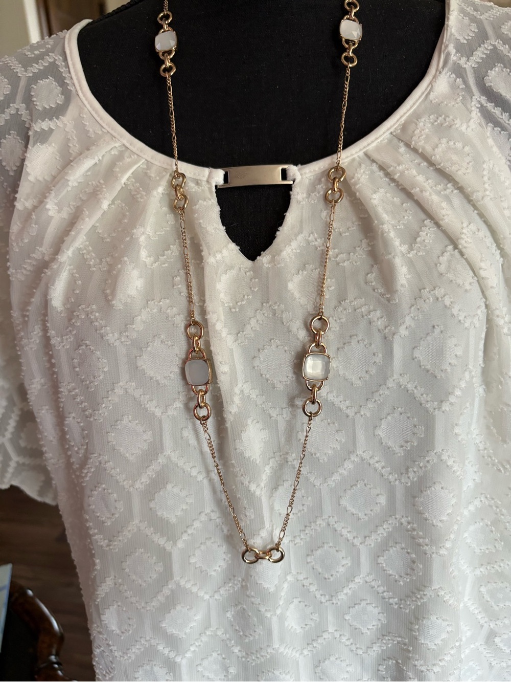 Long Gold Chain Necklace with White Stone Accents 18 inches